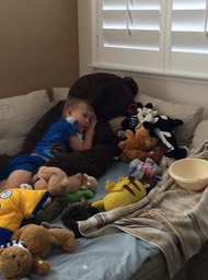 Sick boy with ALL of his stuffed animals